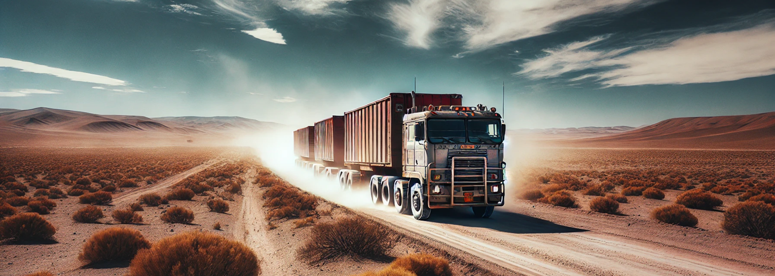 DALL·E 2024-12-10 11.51.56 - A rugged truck driving on a dusty, unpaved road in a vast desert landscape under a clear blue sky. The truck is a large road train with multiple trail